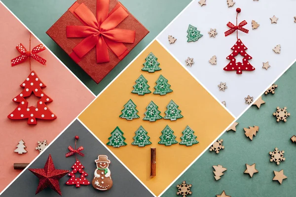 Ideia criativa vários brinquedos de Natal e coisas em fundos multicoloridos . — Fotografia de Stock