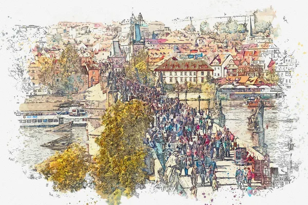 Ilustración. Arquitectura antigua tradicional en Praga y el Puente de Carlos —  Fotos de Stock