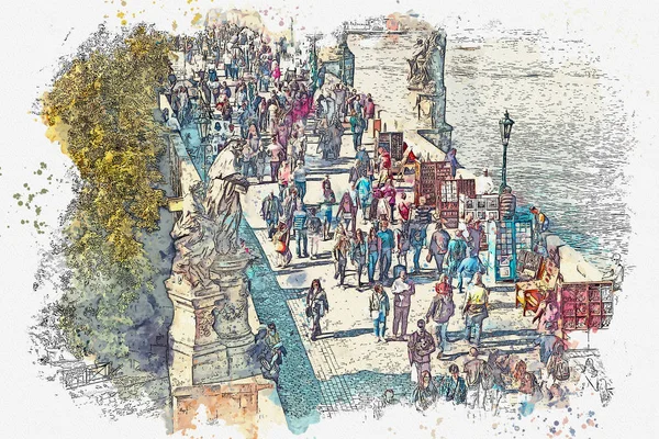 Akvarell skiss eller illustration av vyn över Karlsbron i Prag. — Stockfoto