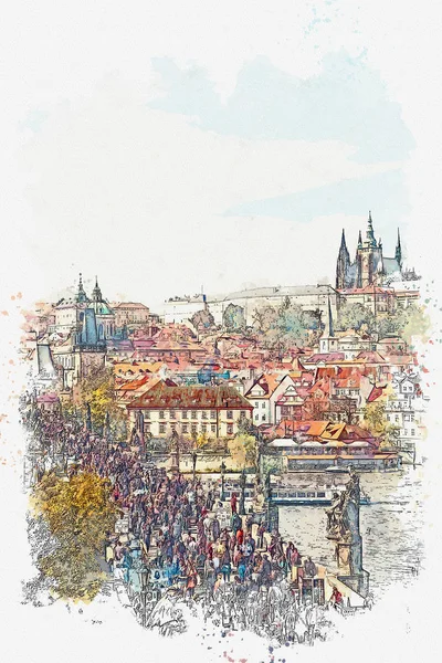 Ilustración. Arquitectura antigua tradicional en Praga y el Puente de Carlos — Foto de Stock