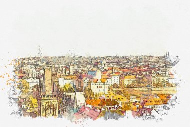 Suluboya kroki veya panoramik Prag antik mimari çizimi. Avrupa eski mimari. Şehir panoraması.