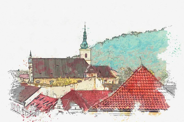 Illusztráció. Hagyományos ősi építészet Prágában. — Stock Fotó