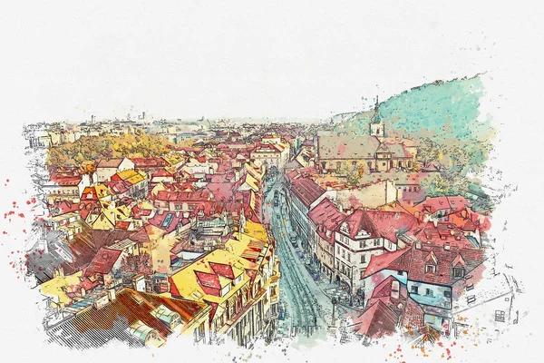Ilustración. Arquitectura tradicional antigua en Praga . — Foto de Stock