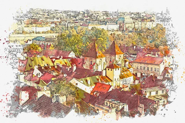 Ilustração. Arquitetura antiga tradicional em Praga . — Fotografia de Stock