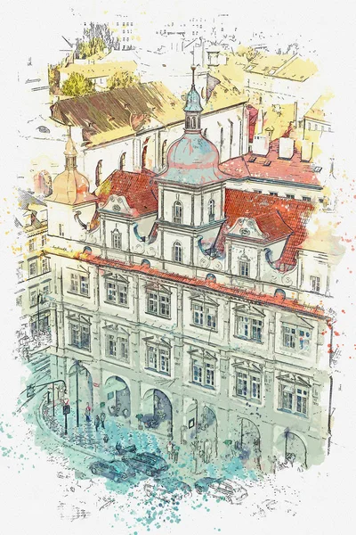 Ilustración. Arquitectura tradicional antigua en Praga . — Foto de Stock