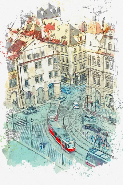 Ilustración. Arquitectura tradicional antigua en Praga — Foto de Stock