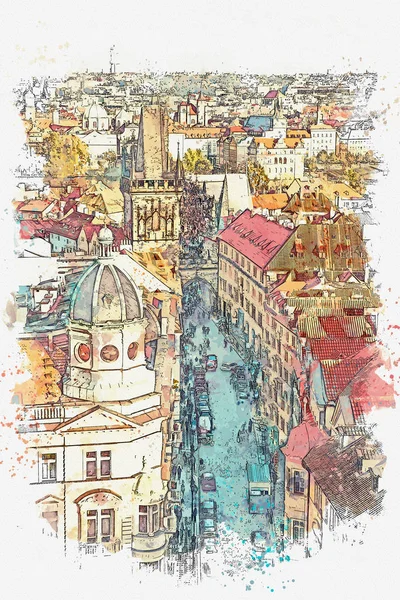 Illustrazione. Architettura antica tradizionale a Praga — Foto Stock