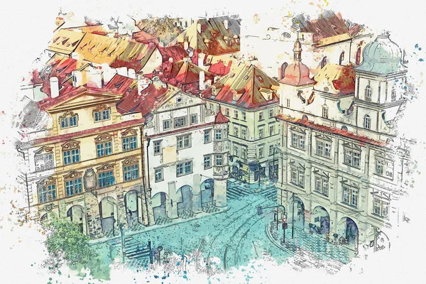 Ilustracja. Tradycyjne starożytnej architektury w Pradze — Zdjęcie stockowe