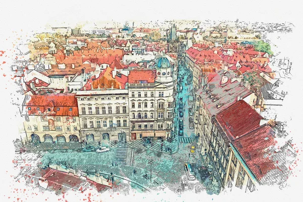 Ilustración. Arquitectura tradicional antigua en Praga — Foto de Stock