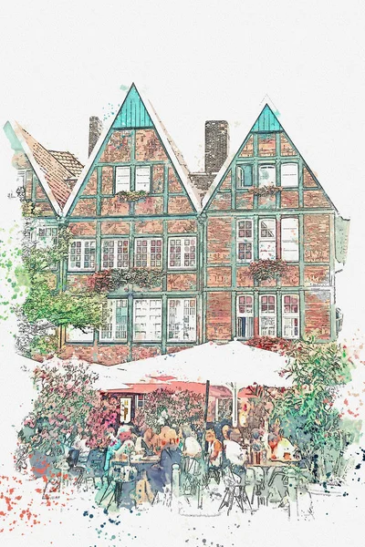 Dibujo en acuarela o ilustración de la arquitectura tradicional alemana y café callejero en Muenster en Alemania . — Foto de Stock