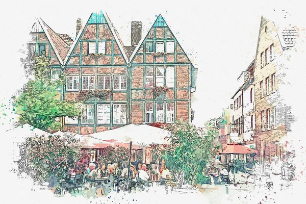 水彩スケッチや伝統的なドイツ建築、ドイツのミュンスターにストリート カフェのイラスト. — ストック写真