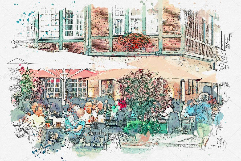 Watercolor sketch or illustration of traditional German architecture and street cafe in Muenster in Germany.