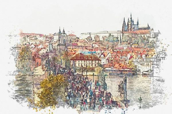 Ilustración. Arquitectura antigua tradicional en Praga y el Puente de Carlos — Foto de Stock
