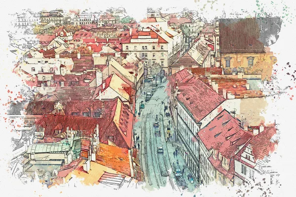 Ilustración. Arquitectura tradicional antigua en Praga — Foto de Stock