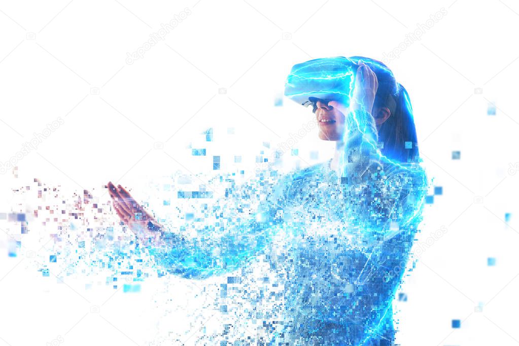 A person in virtual glasses flies to pixels. Future technology concept.