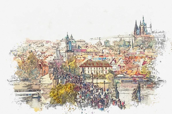 Ilustração. Arquitetura antiga tradicional em Praga e na Ponte Charles — Fotografia de Stock