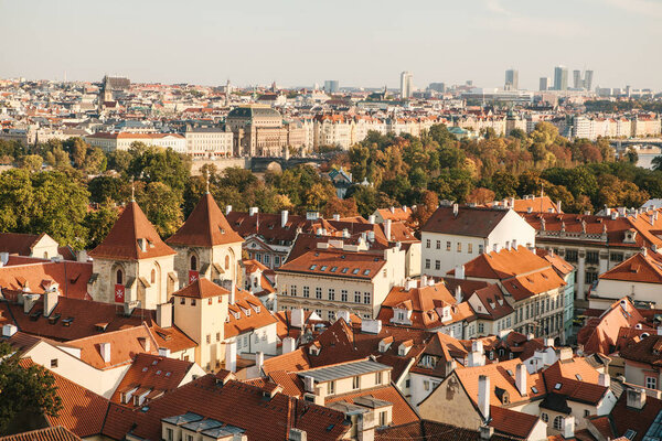 Beautiful aerial view of the cityscape or traditional old or medieval architecture in Prague in the Czech Republic.