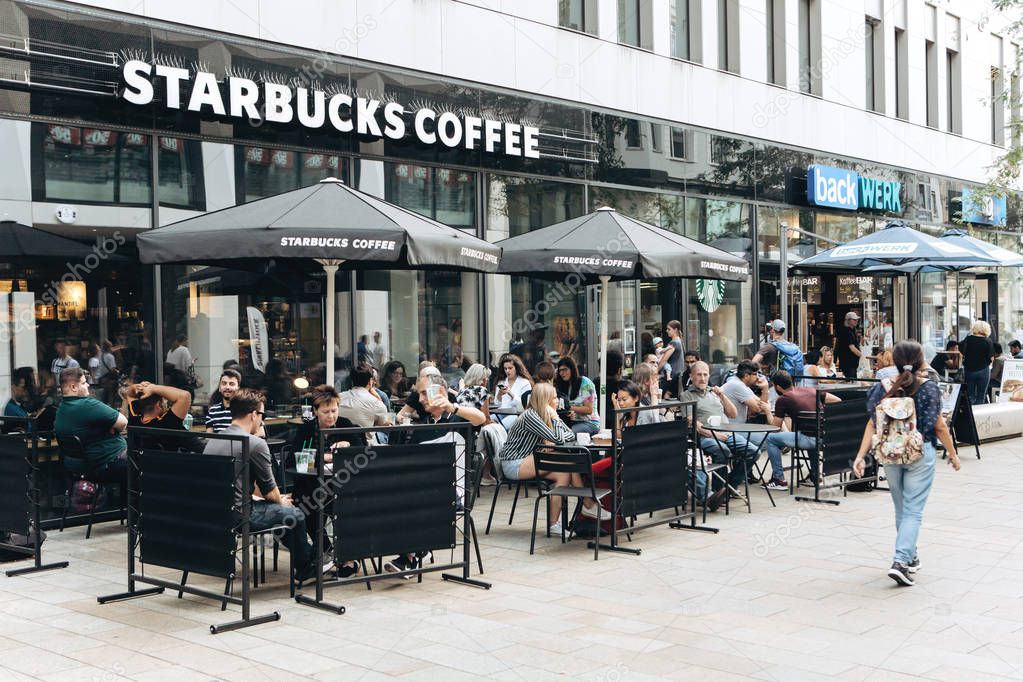 Germany, Leipzig, September 6, 2018: Starbucks street coffee shop in Leipzig. Popular worldwide coffee shops