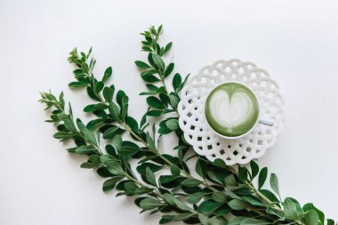 Taze yararlı yeşil matcha latte kahve bitki dalları yanında güzel bir kupa.