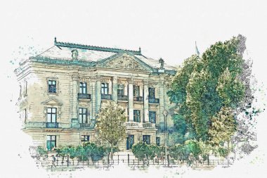 Suluboya kroki veya Berlin antik mimarisinin güzel bir manzara resmi.