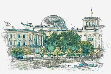 Suluboya kroki veya Berlin Reichstag güzel bir görünümünü gösteren resim.