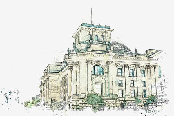 Dibujo en acuarela o ilustración de una hermosa vista del Reichstag en Berlín . —  Fotos de Stock