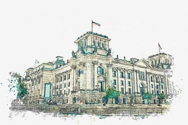 Dibujo en acuarela o ilustración de una hermosa vista del Reichstag en Berlín . — Foto de Stock