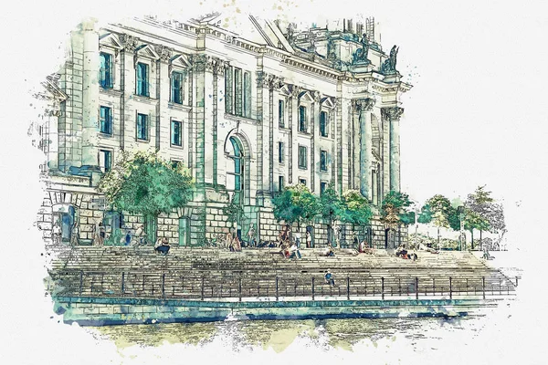 Dibujo en acuarela o ilustración de una hermosa vista del Reichstag en Berlín . — Foto de Stock
