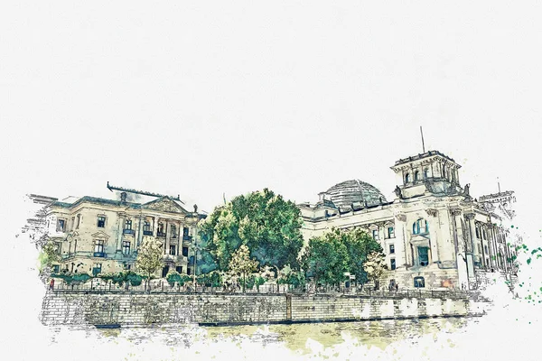 Akvarell Vázlat vagy ábra a gyönyörű kilátás nyílik a berlini Reichstag. — Stock Fotó