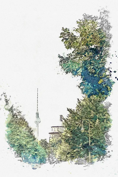 Aquarellskizze oder Illustration eines schönen Ausblicks auf den Fernsehturm zwischen Bäumen und der Straße in Berlin — Stockfoto