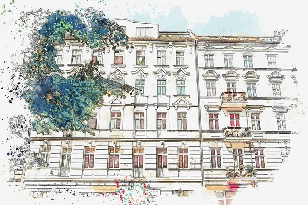 Szkic akwarela czy ilustracja typowego budynku Apartament w Berlinie. — Zdjęcie stockowe