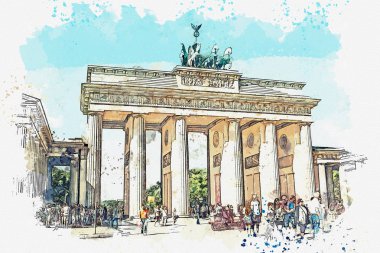 Bir suluboya kroki veya çizimi Brandenburg Kapısı, Berlin, Almanya.