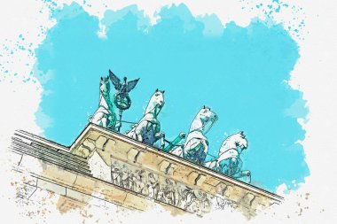 Bir suluboya kroki veya çizimi Brandenburg Kapısı, Berlin, Almanya.