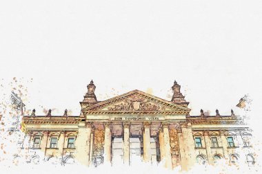 Suluboya kroki veya Berlin Reichstag güzel bir görünümünü gösteren resim.