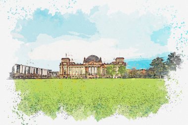 Suluboya kroki veya Berlin Reichstag güzel bir görünümünü gösteren resim.