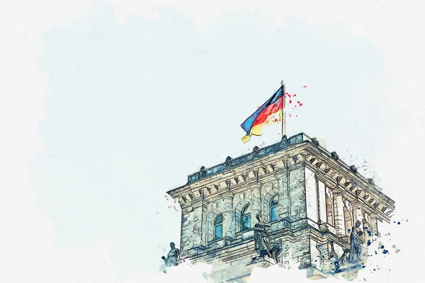 Aquarel Schets Illustratie Duitse Vlag Rijksdag Gebouw Berlijn — Stockfoto