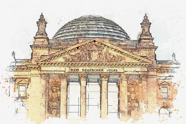 Dibujo en acuarela o ilustración de una hermosa vista del Reichstag en Berlín — Foto de Stock