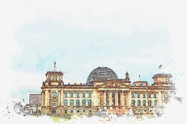 Akvarell skiss eller illustration av en vacker utsikt av Reichstag i Berlin. — Stockfoto