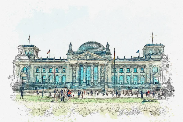 Szkic akwarela czy ilustracja z pięknym widokiem w Reichstagu w Berlinie. — Zdjęcie stockowe