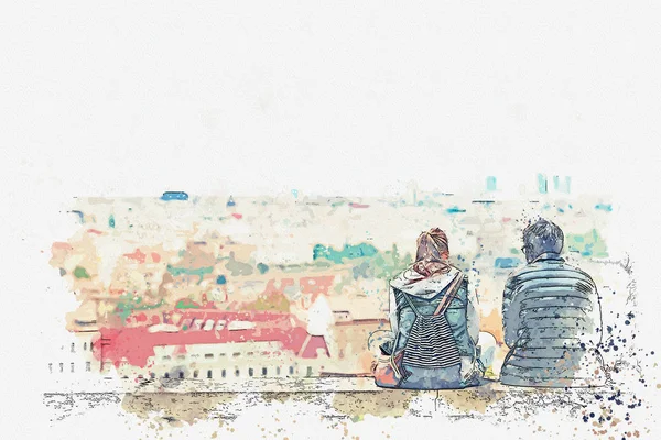 Pareja joven enamorada o amigos están sentados y admirando la hermosa arquitectura en Praga . — Foto de Stock