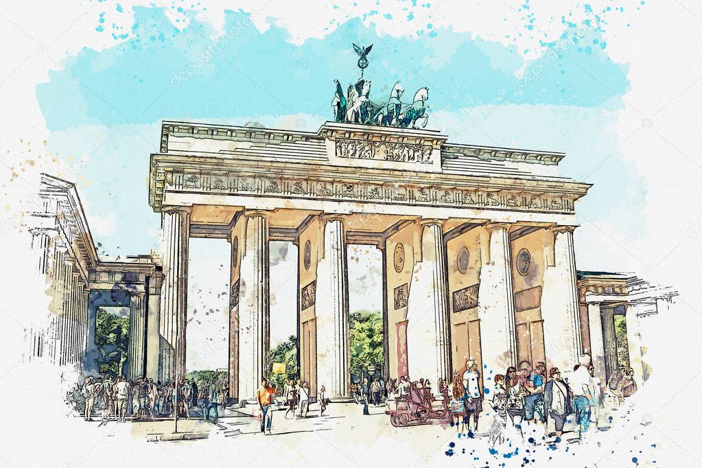 A watercolor sketch or illustration of the Brandenburg gate in Berlin, Germany.