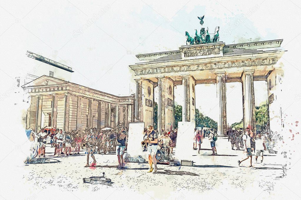 A watercolor sketch or illustration of the Brandenburg gate in Berlin, Germany.