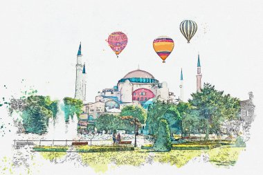 Bir suluboya kroki veya Aya Sofya Katedrali Istanbul'da güzel bir manzara resmi