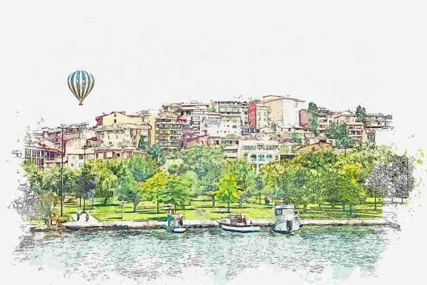 Eine aquarellierte Skizze oder Illustration einer schönen Ansicht der traditionellen Architektur in Istanbul — Stockfoto