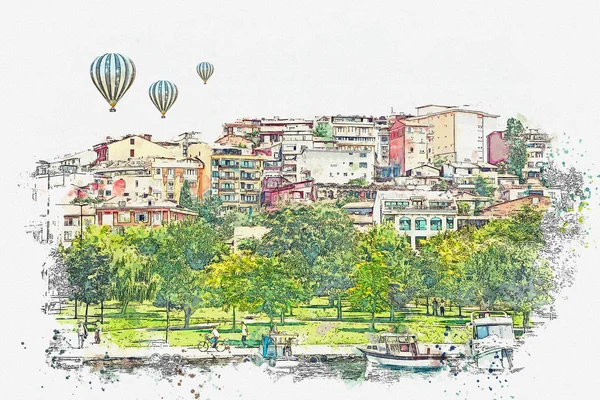 Eine aquarellierte Skizze oder Illustration einer schönen Ansicht der traditionellen Architektur in Istanbul — Stockfoto