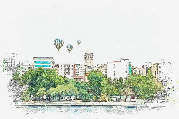 水彩スケッチやイスタンブールの伝統的な建築様式の美しい景色のイラスト — ストック写真