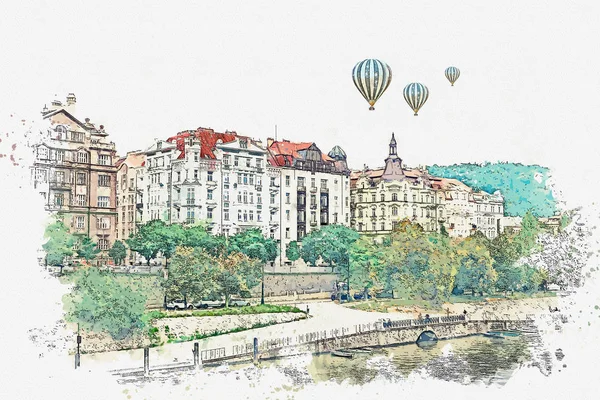 Illustration. Traditionelle antike Architektur in Prag. — Stockfoto