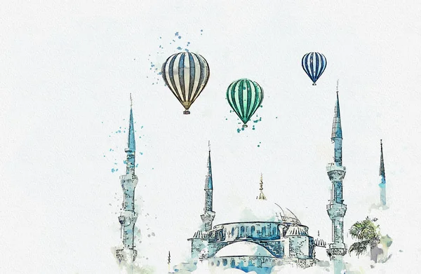 Un boceto de acuarela o ilustración. La famosa Mezquita Azul de Estambul también se llama Sultanahmet. Turquía —  Fotos de Stock