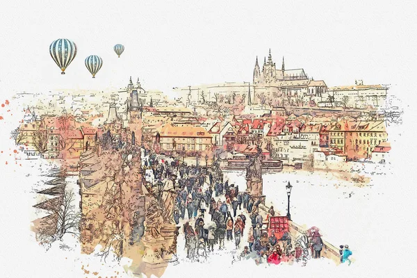 Ilustración Puente de Carlos en Praga en la República Checa — Foto de Stock