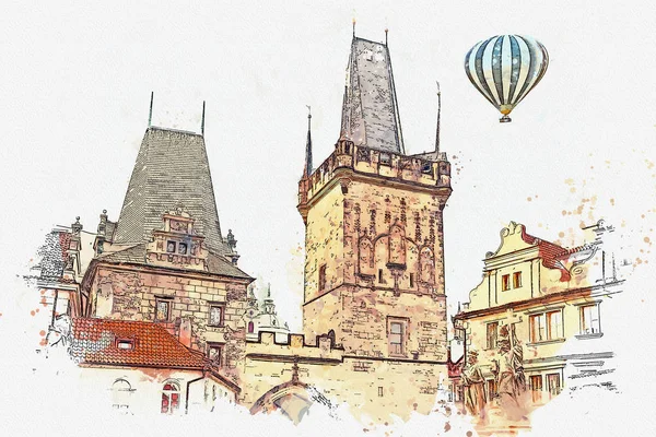 Una ilustración de una torre y otros edificios a la entrada del Puente de Carlos en Praga . — Foto de Stock